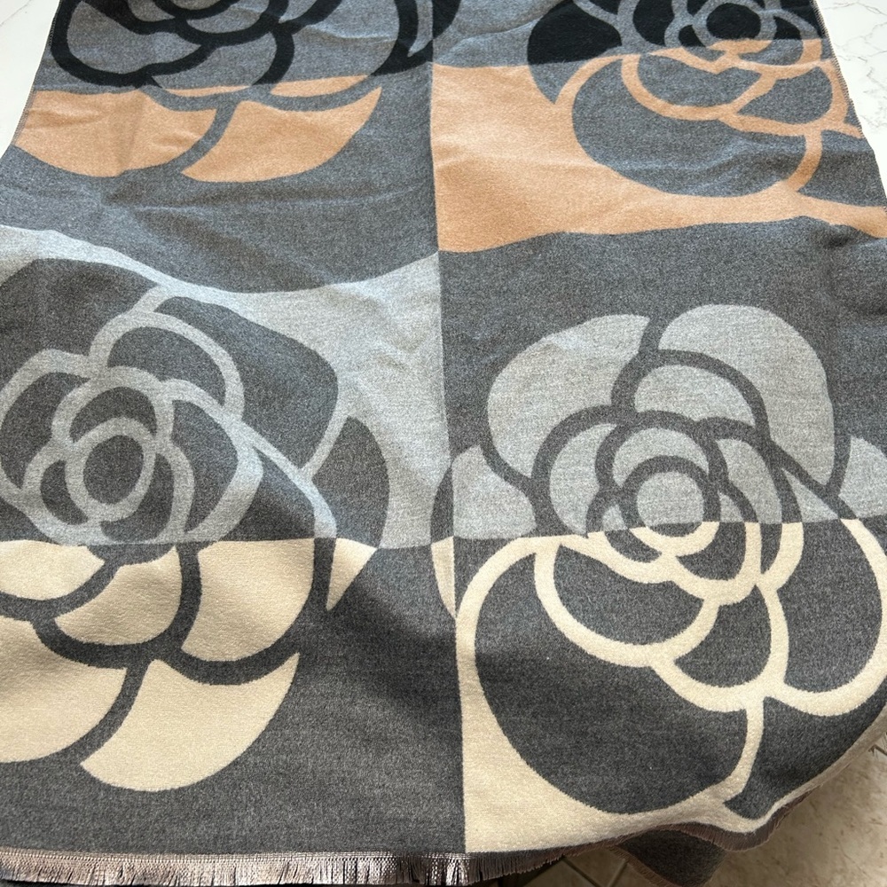 Cashmere Camellia Flower  Shawl in Black, Gray, and Tan - Picture 5 of 6
